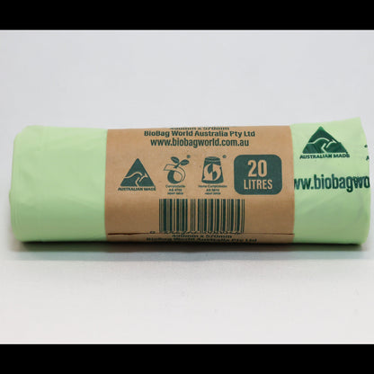 Close up of Compost Mate 20 litre bio-plastic liner roll highlighting official AS5810 home compostable and AS4736 commercial compostable certifications.  