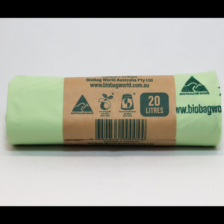 Close up of Compost Mate 20 litre bio-plastic liner roll highlighting official AS5810 home compostable and AS4736 commercial compostable certifications.  
