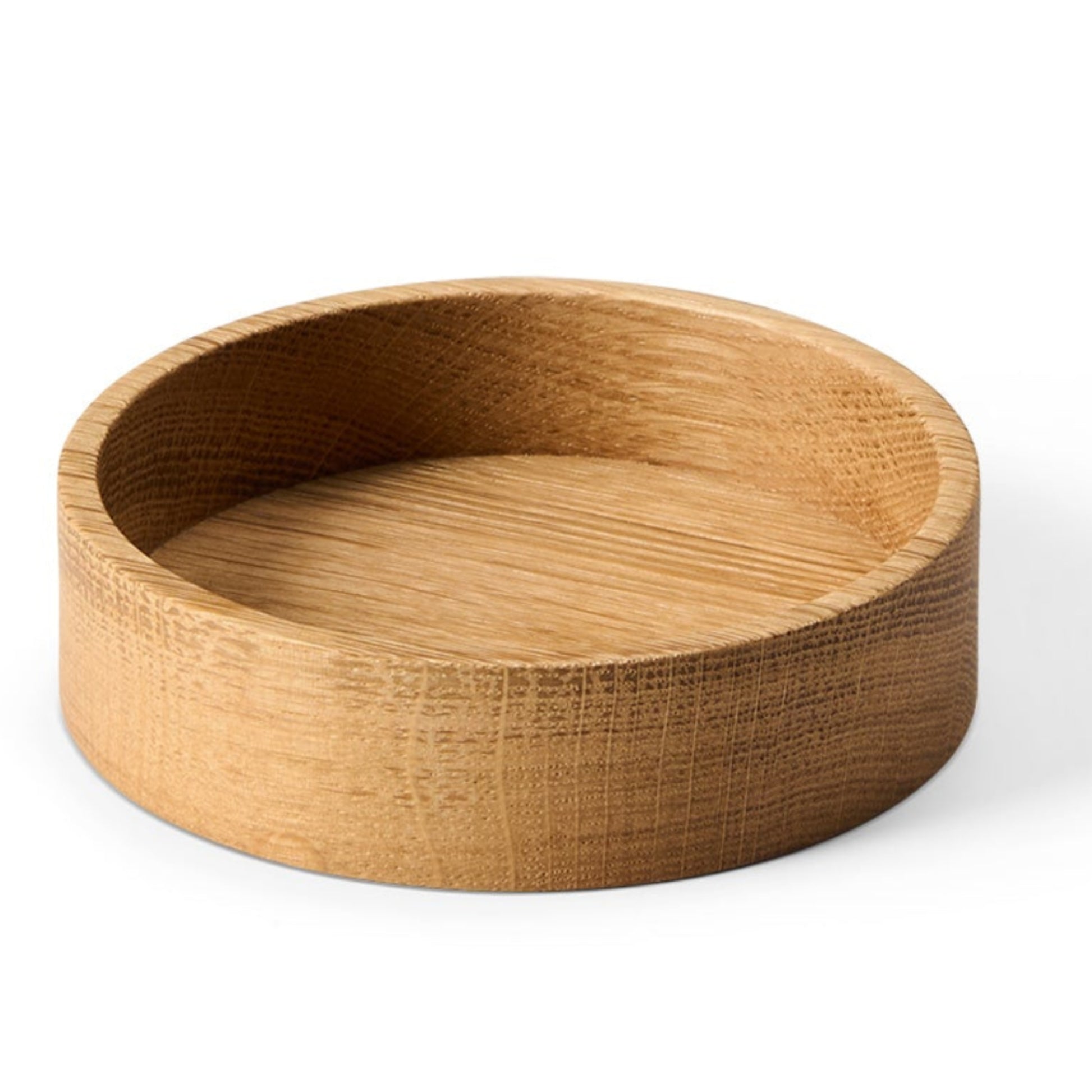 LIND DNA Circle recycled leather coaster box oak nature side view.