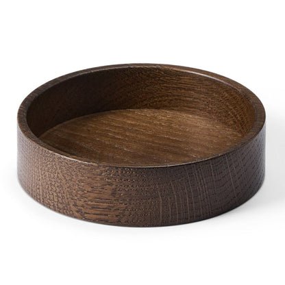 LIND DNA Circle recycled leather coaster box oak smoked side view.