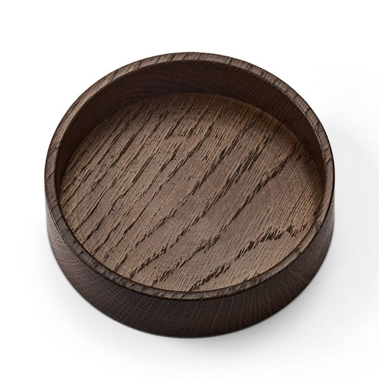 LIND DNA Circle recycled leather coaster box oak smoked top view.