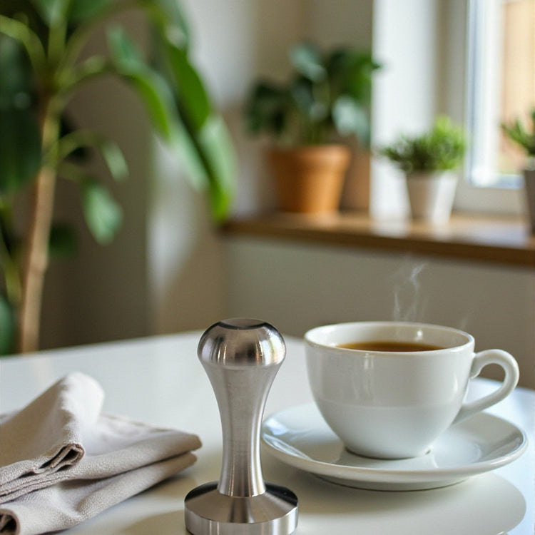 Pod Star stainless steel coffee tamper on a kitchen benchtop next to a freshly brewed espresso cup.