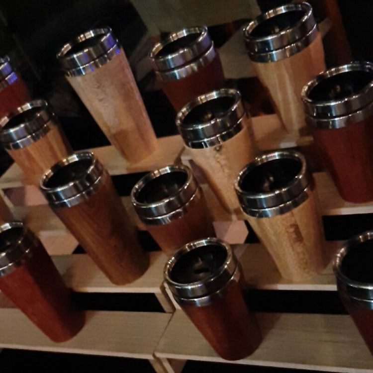 Collection of insulated hand-turned recycled timber coffee travel mug with a stainless steel interior lining, handcrafted in Australia by Lyons Woodturning.
