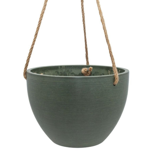 Single Columbia recycled plastic hanging planter bowl showing fine woven hemp rope. Available in Australia. Shown in olive large.