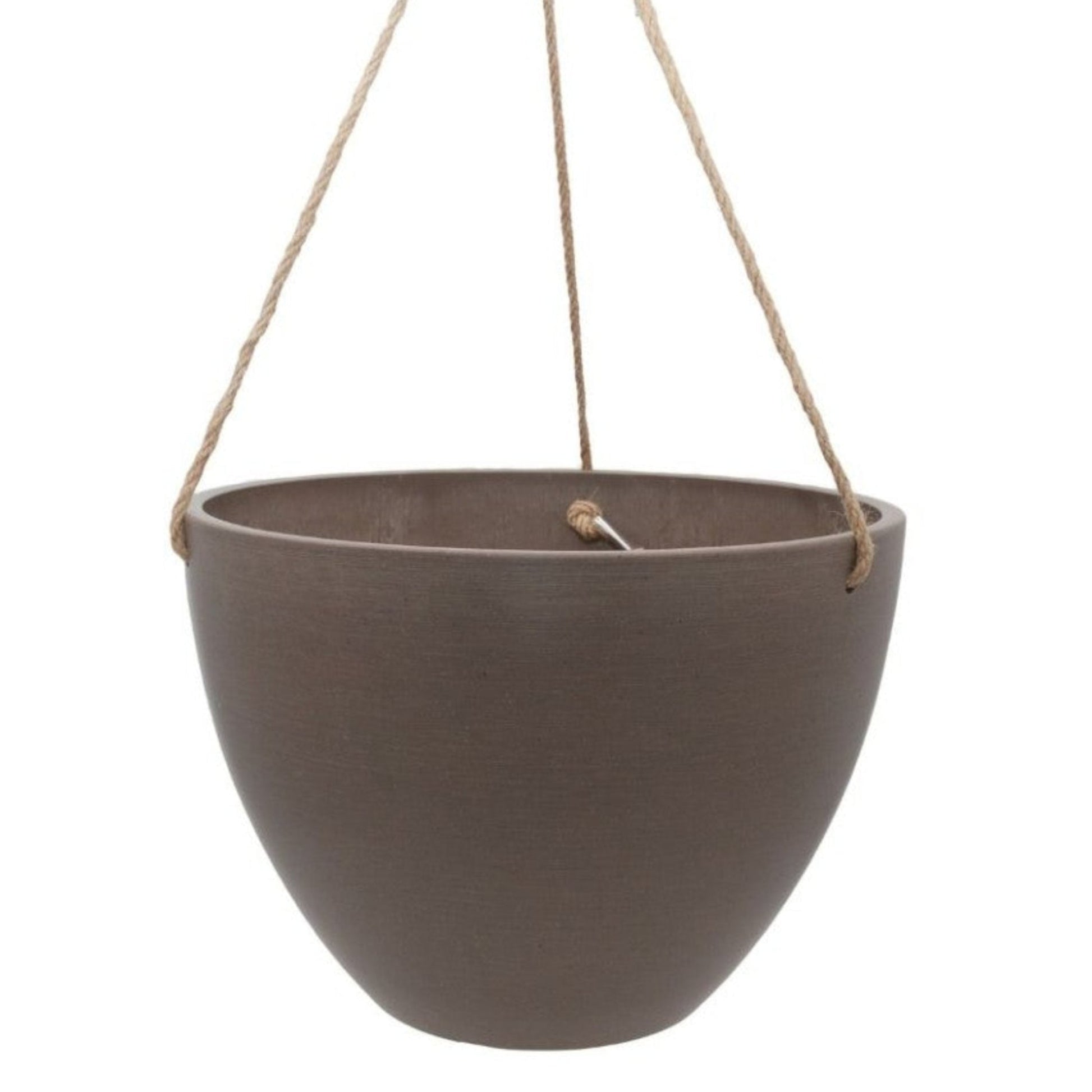 Single Columbia recycled plastic hanging planter bowl showing fine woven hemp rope. Available in Australia. Shown in beachwood small.