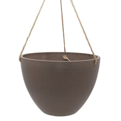 Single Columbia recycled plastic hanging planter bowl showing fine woven hemp rope. Available in Australia. Shown in beachwood small.