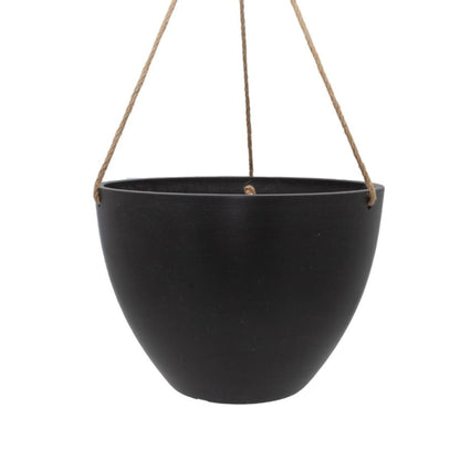 Single Columbia recycled plastic hanging planter bowl showing fine woven hemp rope. Available in Australia. Shown in black small.