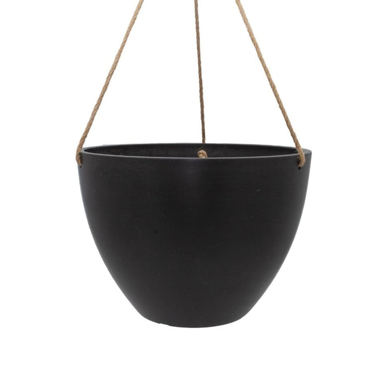 Single Columbia recycled plastic hanging planter bowl showing fine woven hemp rope. Available in Australia. Shown in black small.