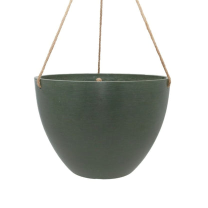 Single Columbia recycled plastic hanging planter bowl showing fine woven hemp rope. Available in Australia. Shown in olive small.