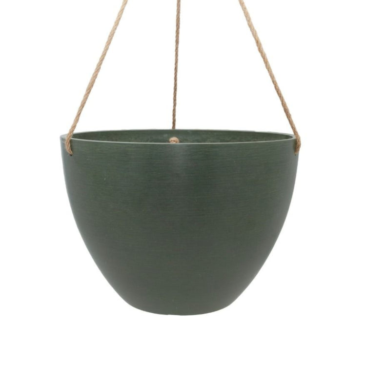 Single Columbia recycled plastic hanging planter bowl showing fine woven hemp rope. Available in Australia. Shown in olive small.