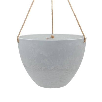 Single Columbia recycled plastic hanging planter bowl showing fine woven hemp rope. Available in Australia. Shown in white stone small.
