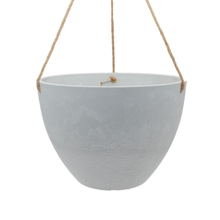 Single Columbia recycled plastic hanging planter bowl showing fine woven hemp rope. Available in Australia. Shown in white stone small.