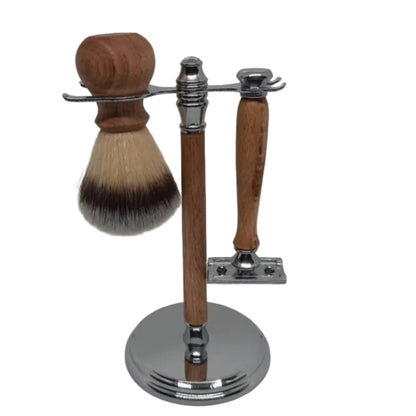 A premium 3-piece men's grooming kit featuring a hand-turned recycled timber safety razor and matching shave brush resting on an organized wooden shaft stand, handcrafted in Australia in chrome.