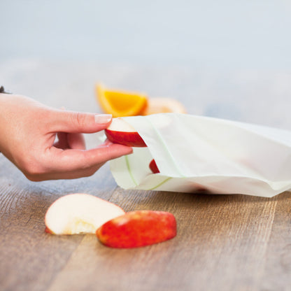 BioBag compostable sandwich bag filled with fresh food ready for a children’s school lunchbox as a plastic-free alternative.