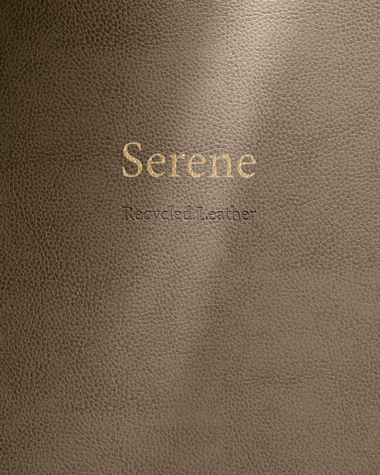 Brown leather surface with 'Serene' and 'Recycled Leather' text.
