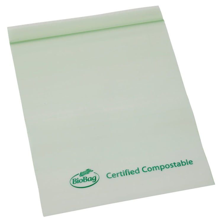 Clear BioBag resealable snack bag showing the durable plant-based leakproof zip closure system.