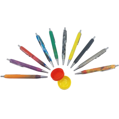 Collection of eco-friendly retractable ballpoint pens amde by Upcycler showing colour range.
