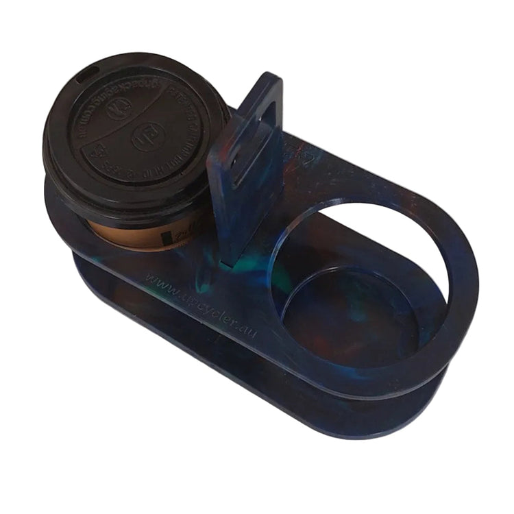 Marble-textured color options for the EcoSip Duo coffee caddy, handcrafted from upcycled plastic waste in blue blend.