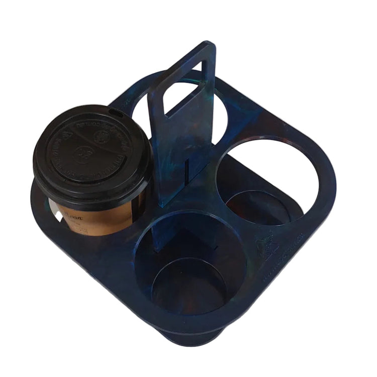 Different marbled colorways available for the EcoSip Quad coffee carrier in blue blend.