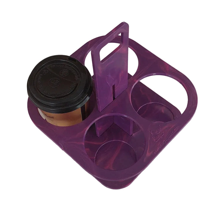 Different marbled colorways available for the EcoSip Quad coffee carrier in purple.