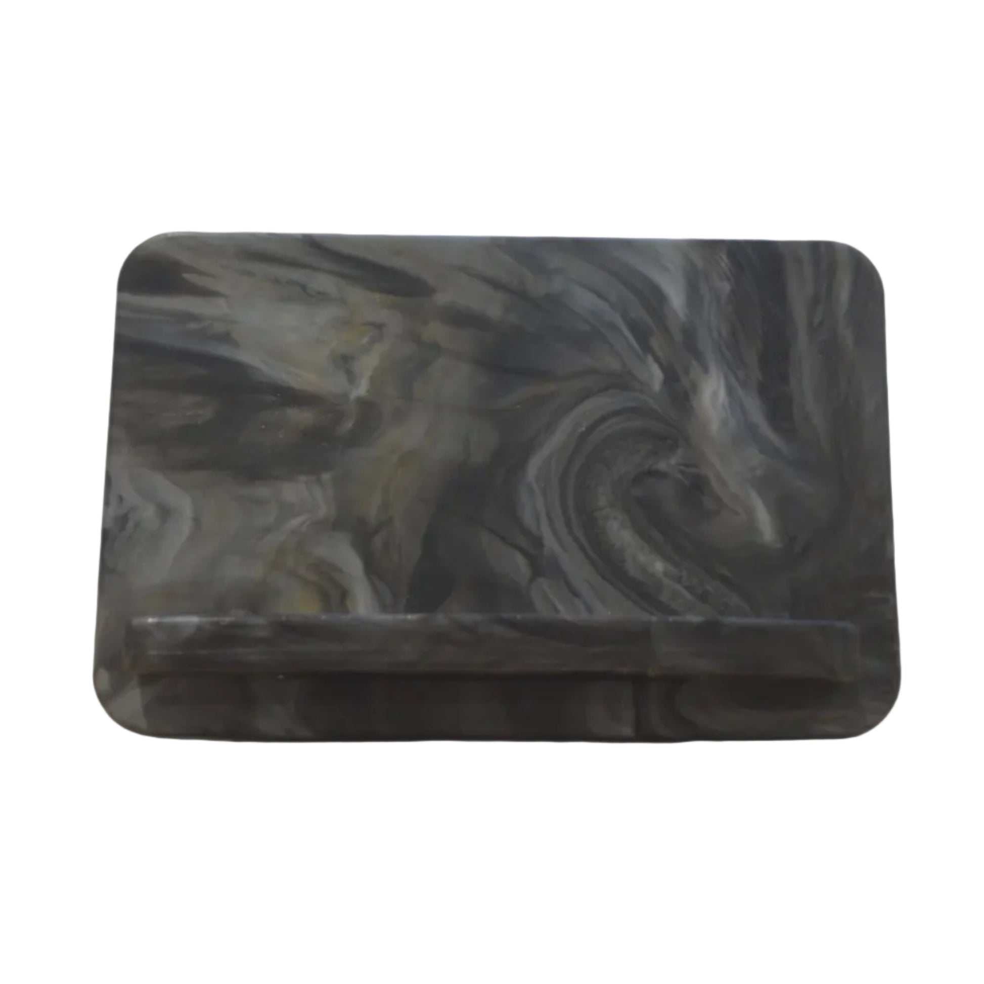Fully assembled EcoView mobile phone stand made from marbled recycled plasticin Gathering storm front.