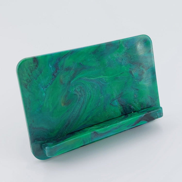 Fully assembled EcoView mobile phone stand made from marbled recycled plastic in Green. Eco friendly desktop phone holder in Australia.