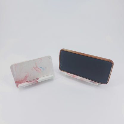 Fully assembled EcoView mobile phone stand made from marbled recycled plastic in White. Eco friendly desktop phone holder in Australia.