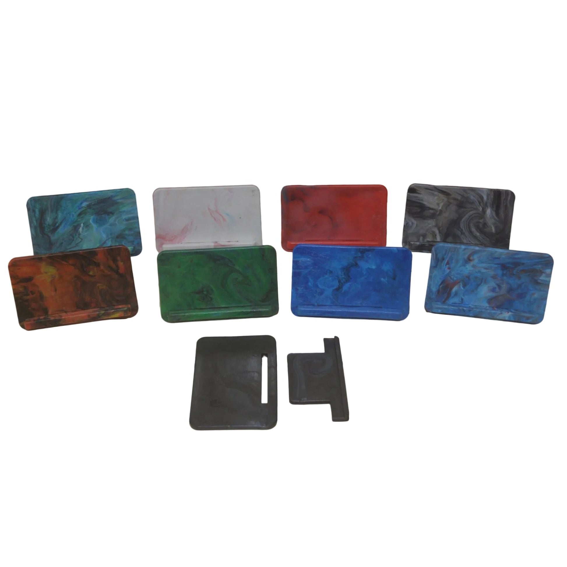 Assorted marble-textured colorways for the EcoView mobile phone stand range, handmade in Lismore from recycled plastic.