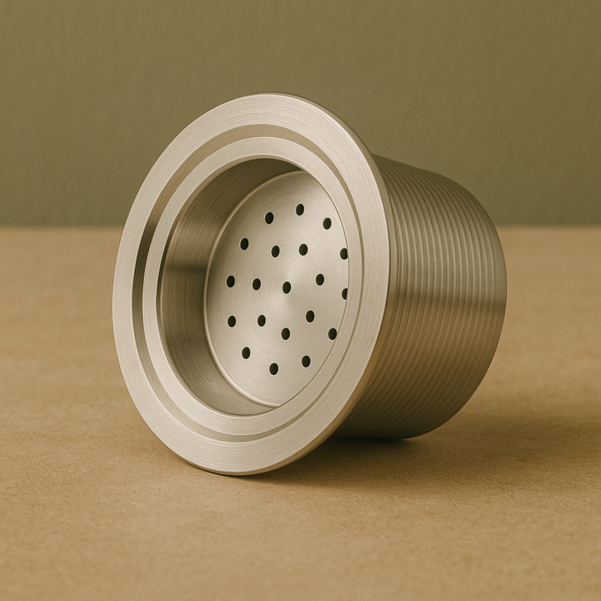 Pod Star marine-grade 316L stainless steel reusable coffee capsule close up on a countertop, designed for Espressotoria coffee machines in Australia.