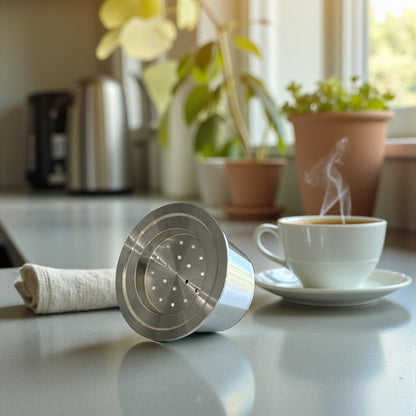 Pod Star marine-grade 316L stainless steel reusable coffee capsule shown on a kitchen countertop with a cup of coffee, designed for Espressotoria coffee machines in Australia.