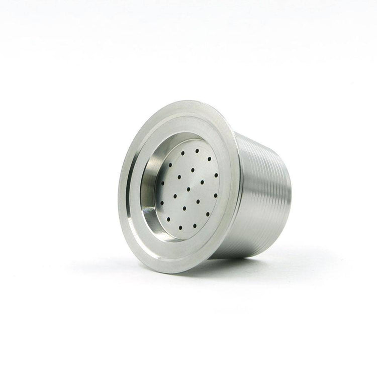 Pod Star marine-grade 316L stainless steel reusable coffee capsule shown side view on a pure white background, designed for Espressotoria coffee machines in Australia.