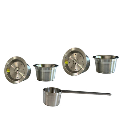 Four single reusable stainless steel coffee capsules compatible with Aldi K-Fee, Caffitaly or Verismo machines with a scoop.