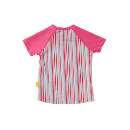 Back view of the kids short sleeve gelato pink striped rashie highlighting full shoulder UV sun safety coverage.