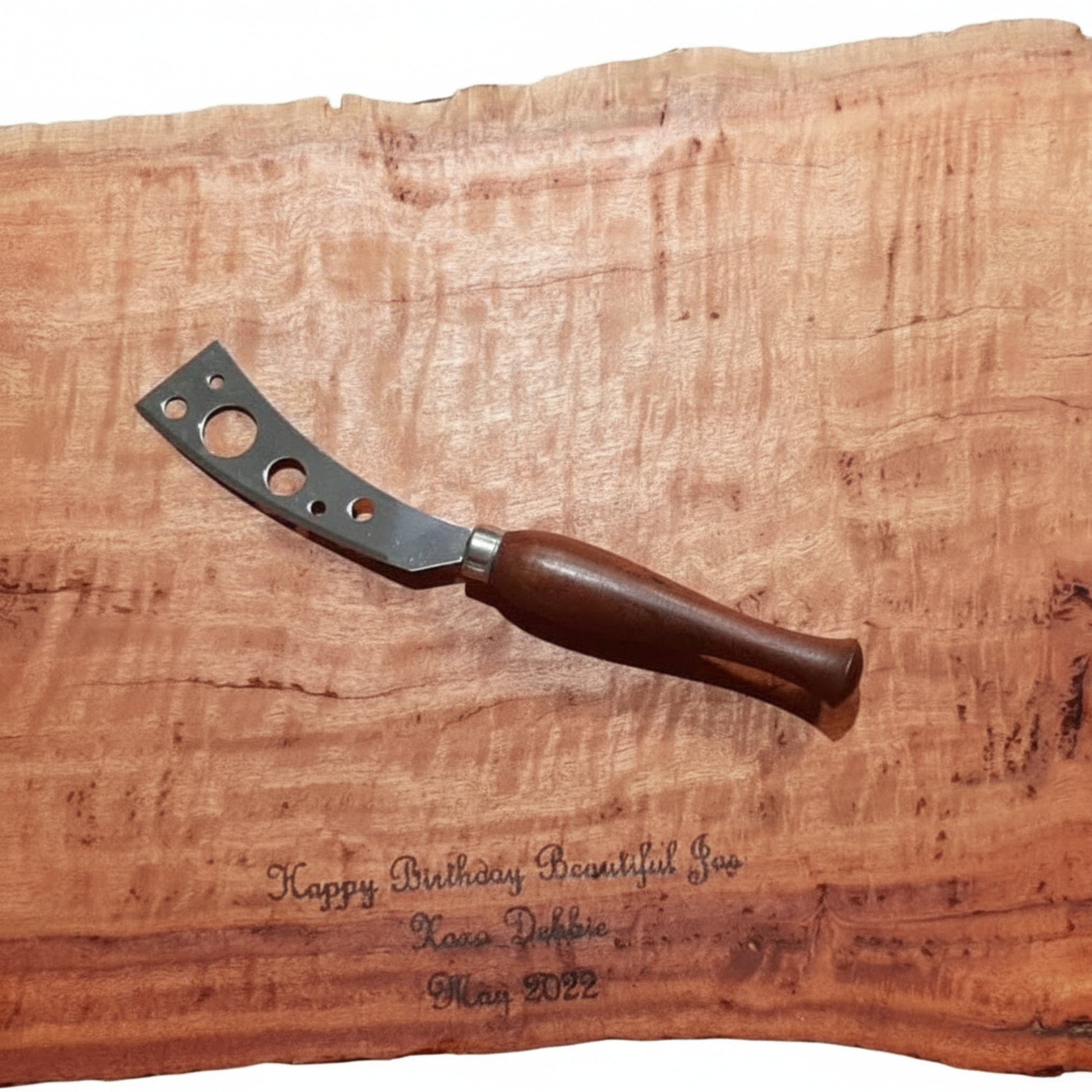 A handcrafted Australian recycled timber grazing board styled with a matching stainless steel blade cheese knife with a hand-turned wood handle showing personalised angraving.