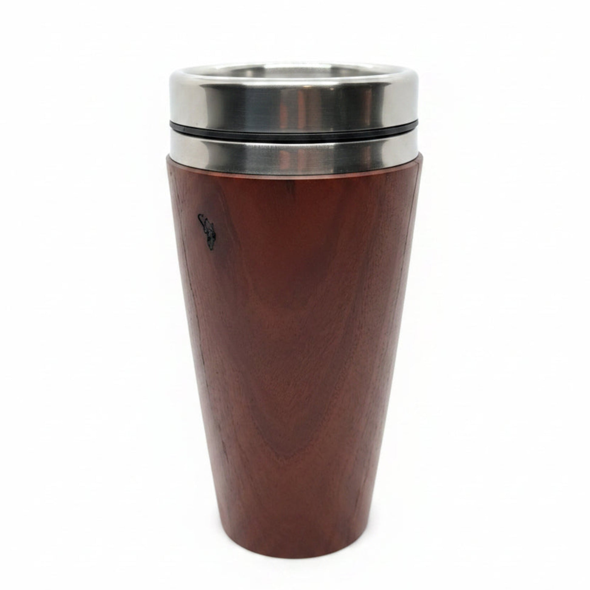 Insulated hand-turned recycled timber coffee travel mug with a stainless steel interior lining, handcrafted in Australia by Lyons Woodturning.