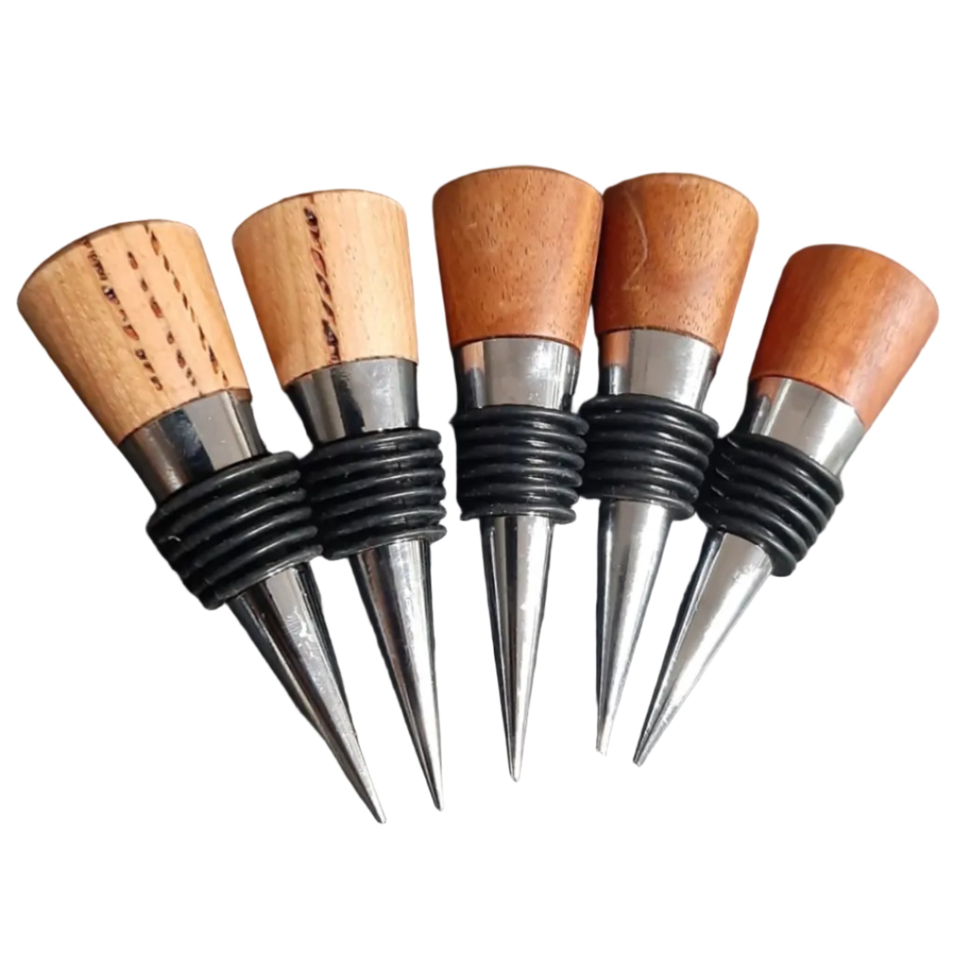 Hand-turned recycled timber wine bottle stoppers featuring a rubber airtight seal and stainless steel cap, handcrafted in Australia showing colour variation.