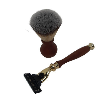 A matching 2-piece men's grooming kit featuring a hand-turned recycled timber Gillette Mach III compatible razor and a soft nylon shave brush, handcrafted in Australia.
