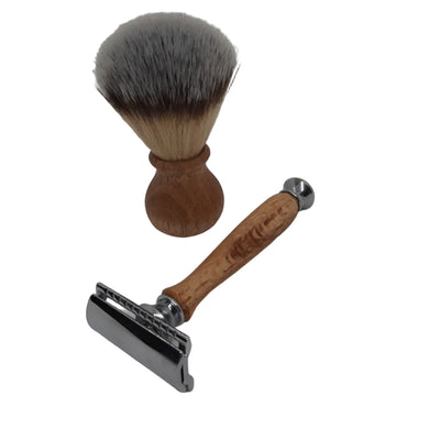A matching 2-piece sustainable men's grooming set featuring a hand-turned recycled timber safety razor and soft nylon shave brush, handcrafted in Australia in chrome.