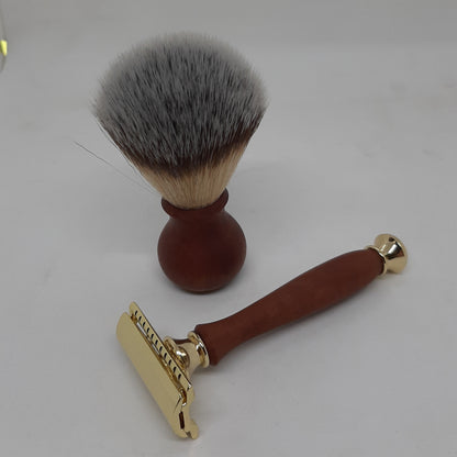 A matching 2-piece sustainable men's grooming set featuring a hand-turned recycled timber safety razor and soft nylon shave brush, handcrafted in Australia in gold.