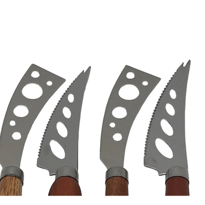 Close-up of blades of high-quality stainless steel cheese knives with a hand-turned recycled timber handle, made by Lyons Woodturning in Jindera, New South Wales.