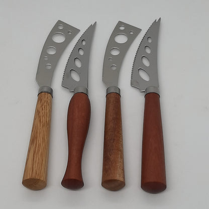 Close-up of a high-quality stainless steel cheese knives with a hand-turned recycled timber handle, made by Lyons Woodturning in Jindera, New South Wales.