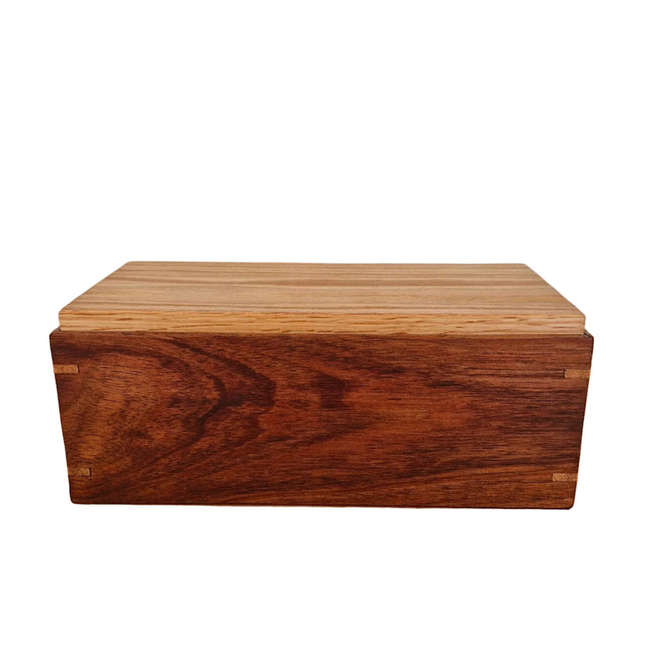 Handcrafted timber box made in Australia with AU Blackwood and an American Oak lid, premium wooden storage container.