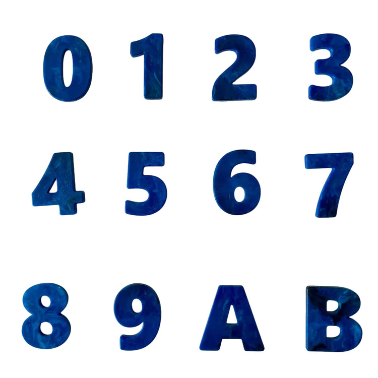 Custom recycled plastic house numbers for letterboxes with marbled texture blue palette.
