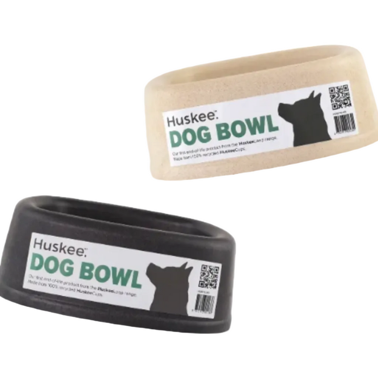 Two 750ml Huskee sustainable dog bowl made from 100% recycled coffee cups, one Charcoal and one Natural, side view.