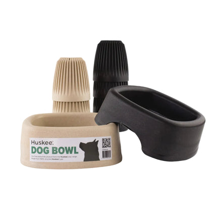 Huskee Eco-Friendly dog bowls next to Huskee Orinigal coffee husk cups they are made from.