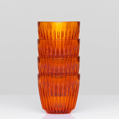 Complete HuskeeRenew 3oz espresso set of four cups without saucers crafted from premium translucent recycled polymer in amber.