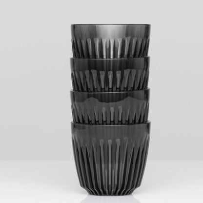 Complete HuskeeRenew 3oz espresso set of four cups without saucers crafted from premium translucent recycled polymer in smoke.