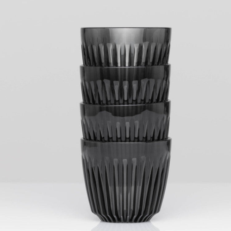 Complete HuskeeRenew 3oz espresso set of four cups without saucers crafted from premium translucent recycled polymer in smoke.