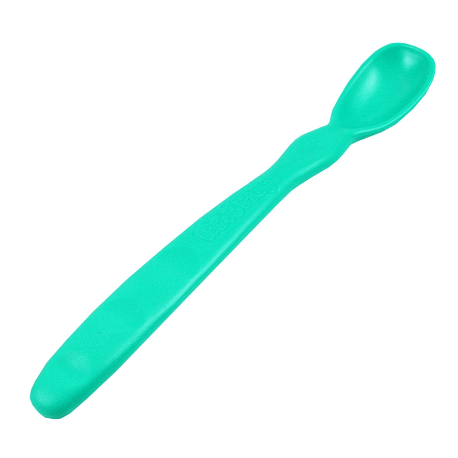 Close up view of the smooth rounded contour edges and gentle deep scoop depth on a non toxic infant weaning spoon in Aqua.