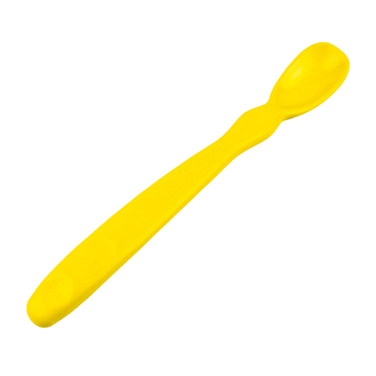 Close up view of the smooth rounded contour edges and gentle deep scoop depth on a non toxic infant weaning spoon in Yellow.